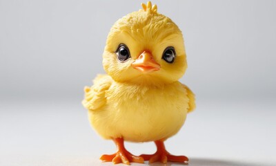 A cute, cartoon-style yellow chick with large expressive eyes stands against a soft white background, radiating charm.