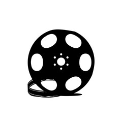 Fototapeta premium Minimalist black silhouette of a film reel with winding film strip on white background