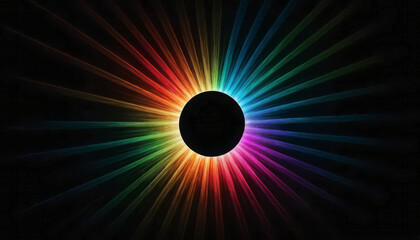 Abstract dark background with glowing colorful light rays radiating from a central black circle, futuristic energy burst effect
