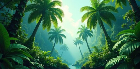 Dense jungle foliage surrounds towering palms, green, vines