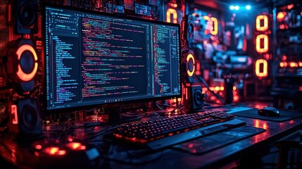 Obraz premium Coder's night coding, room, neon, desktop, work