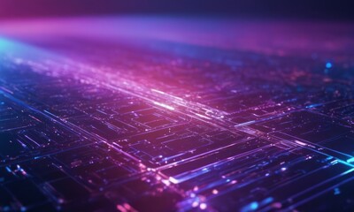 A vibrant abstract image showcasing a futuristic, glowing network of digital lines in blue and purple hues.