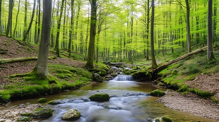 Serene Stream Flows Through Lush Green Spring Forest