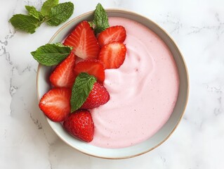 A creamy strawberry yogurt bowl garnished with fresh strawberries and mint leaves, perfect for a refreshing snack or dessert.
