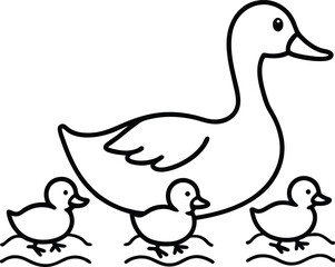 Mother Duck and Three Ducklings Line Drawing Illustration