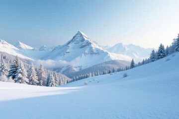 Fototapeta premium Fresh fallen snow piled high in a serene winter landscape, frosty scene, snowy mountain