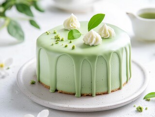 A beautiful, light green cake adorned with whipped cream peaks and fresh leaves, presented on a clean white plate with a soft background.