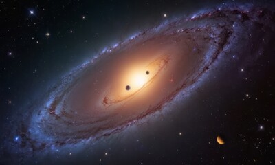 Fototapeta premium A stunning view of a galaxy with swirling cosmic clouds, two black holes at its center, and distant celestial bodies.