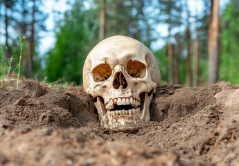 A human skull partially buried in the ground, set against a blurred background of a forest. The skull is off white with visible teeth and eye