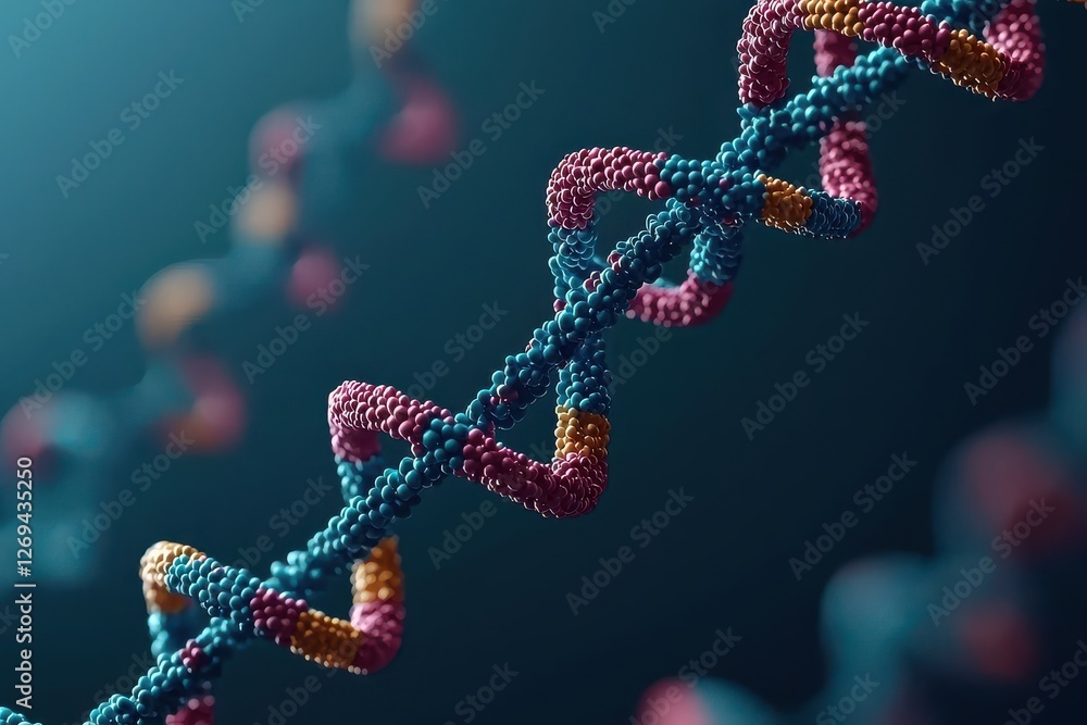 Poster a vibrant, 3d representation of a dna strand showcasing a double helix structure with colorful nucle