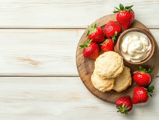 A wooden platter displays fresh strawberries, creamy dip, and golden cookies, creating a delightful and inviting snack setup.