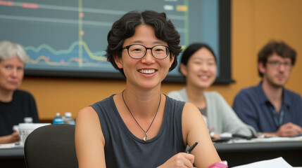 woman in tech smiling while presenting her project to engaged audience