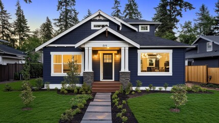 Naklejka premium Modern Home Exterior at Dusk, Curb Appeal, Residential