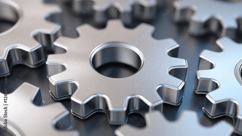 Poster close up of metallic gears interlocking, reflecting light, creating a complex industrial texture. th