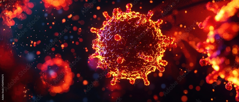 Poster a vivid representation of a virus, showcasing its structure with bright colors against a dark backgr