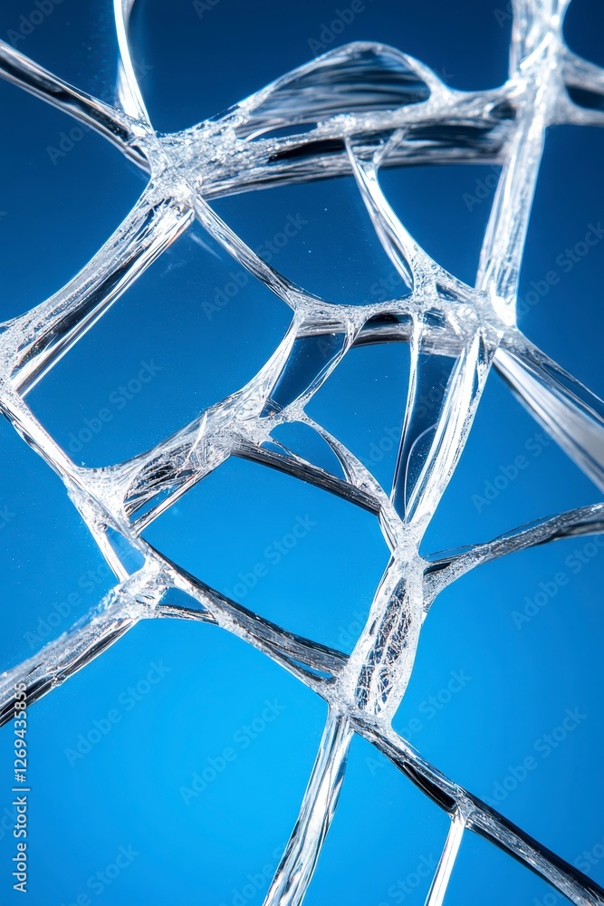 Poster abstract image of cracked glass against a blue background. the cracks are intricate and create a web