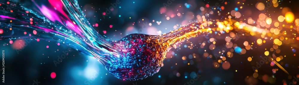 Poster a vibrant, abstract depiction of a neuron synapse with colorful light trails representing neural con