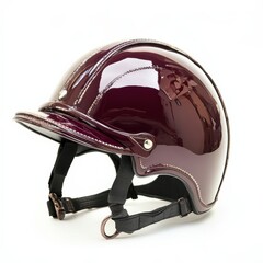 Fototapeta premium A stylish maroon riding helmet featuring a glossy finish and detailed stitching, designed for equestrian use.