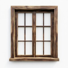 A stylish wooden window frame with multiple panes, set against a white background, showcasing a rustic design and natural wood texture.