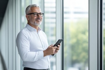 Mature man with gray hair and glasses uses a mobile phone while looking out a window indoors