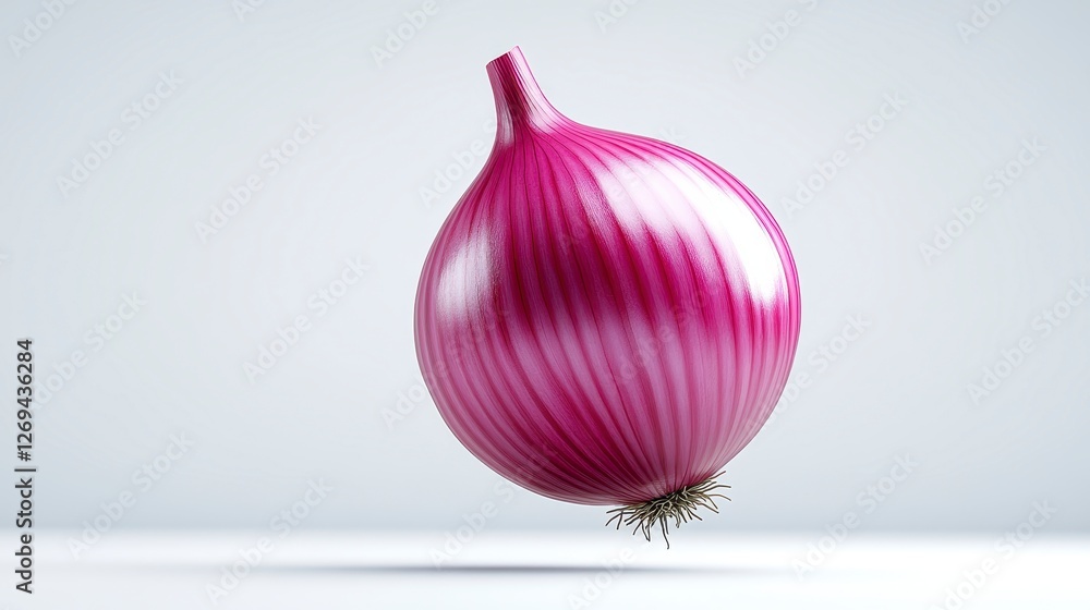 Poster a close up view of a red onion with textured surface is suspended in the air with visible lines and 