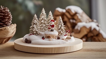 Santa Claus miniature scene on a wooden base with snow, fir trees, and berries.