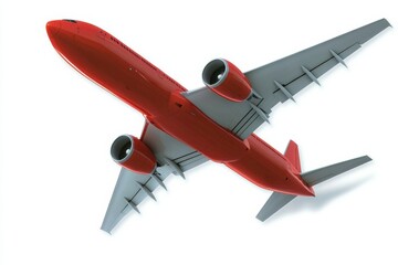 A top-down view of a bright red airplane with gray wings and engines, set against a white background, showcasing its sleek design and structure.