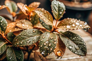 Close-up macro shot of red-green leaves, drops of water on the leaves. The texture.