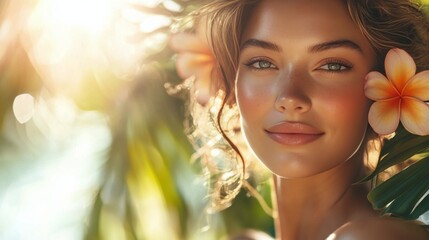 Portrait of a young woman surrounded by blooming flowers in soft natural light outdoors