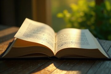 Fototapeta premium Morning dew glistens on the pages of an open book, book, wet, sunlight
