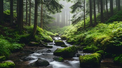 Misty Forest Stream Flows Through Mossy Rocks