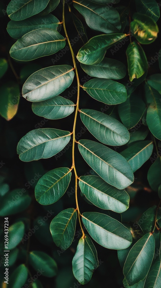 Poster close view of lush green leaves displaying intricate patterns in a vibrant tropical setting