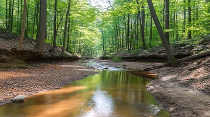 Fototapeta premium Serene stream flows through lush green forest canopy
