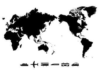 世世界地図（日本中心）と交通機関アイコンのイラスト（黒）