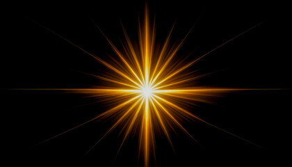 Glowing golden starburst light explosion on black background, radiant energy burst with bright sparkles, abstract illuminated flare effect