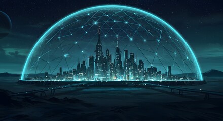 Futuristic Cityscape Under Protective Dome with Glowing Network Design