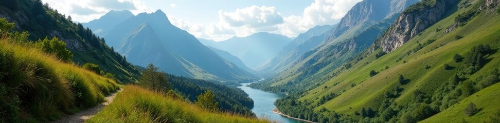 Mountain range with lush vegetation and a meandering river, earthy tones