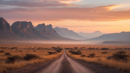 Naklejka premium Scenic Desert Road at Sunset Dramatic Mountain Landscape