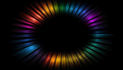 Abstract colorful radial light burst with glowing energy beams on black background