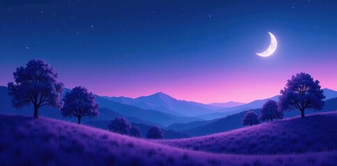 Fototapeta premium Muted lavender hills with silhouetted trees under starry night sky and a crescent moon shining bright, moonlight, dreamy