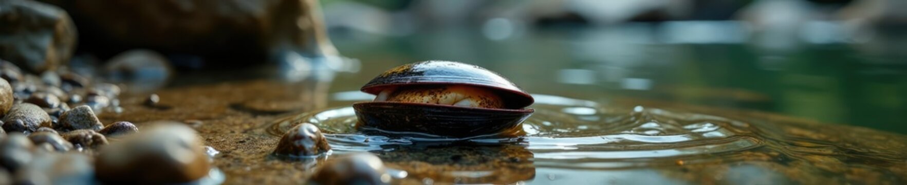 Mussel Unio pictorum on rock surface in river sediment, ancient, mussel