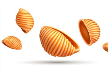 Obraz premium Close up of several light brown pasta shells falling against a white background. The shells are detailed with ribbed texture, and are shown from