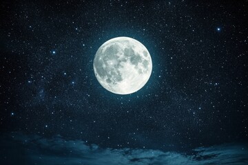 Fototapeta premium Stunning full moon shining brightly in a starry night sky over dark clouds