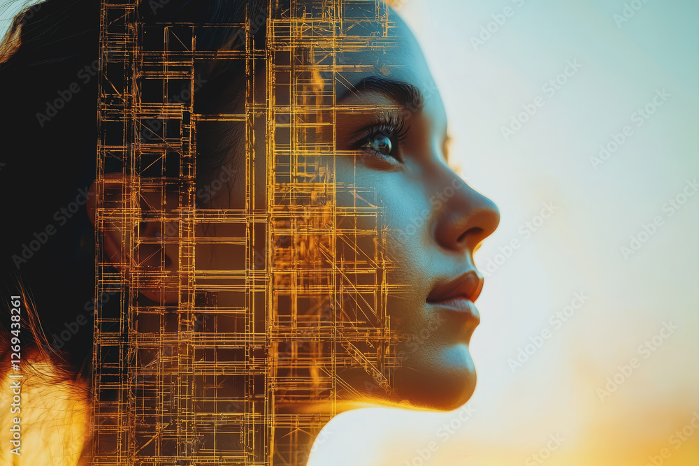 Poster womans face overlaid with digital grid displaying technology and innovation concepts