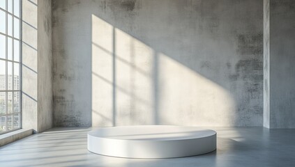 Empty white pedestal in sunlit loft space