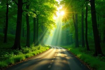 Obraz premium Natural forest road with sunlight filtering through leaves, serene landscape, forest