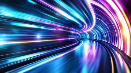Abstract neon tunnel with vibrant light trails, creating a futuristic and dynamic visual effect, symbolizing speed, innovation, and digital connectivity.