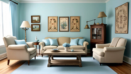 Living room design, vintage style, living room mode
