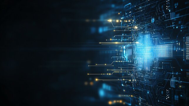Futuristic digital circuit board with glowing lines and grids, symbolizing advanced technology and data flow in a high-tech environment.