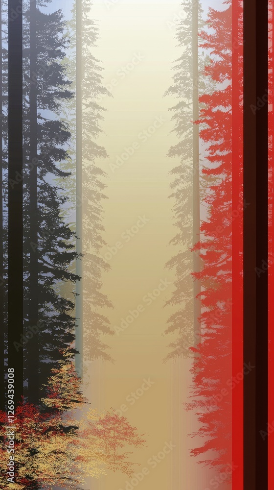 Poster a serene forest scene featuring tall trees with contrasting hues, transitioning from dark to light, 